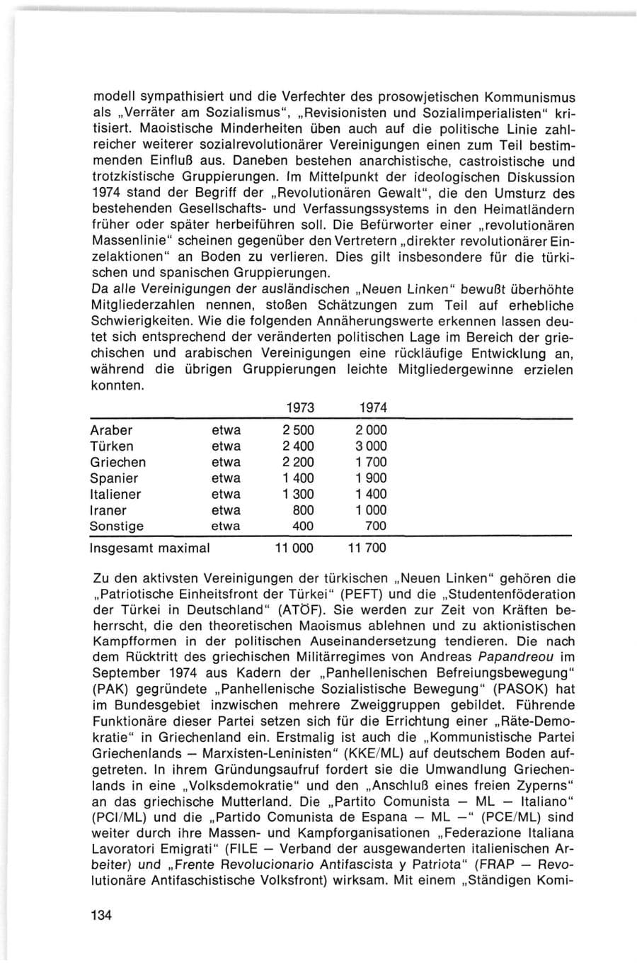 Seite 134 des Verfassungsschutzbericht 1974 Bund