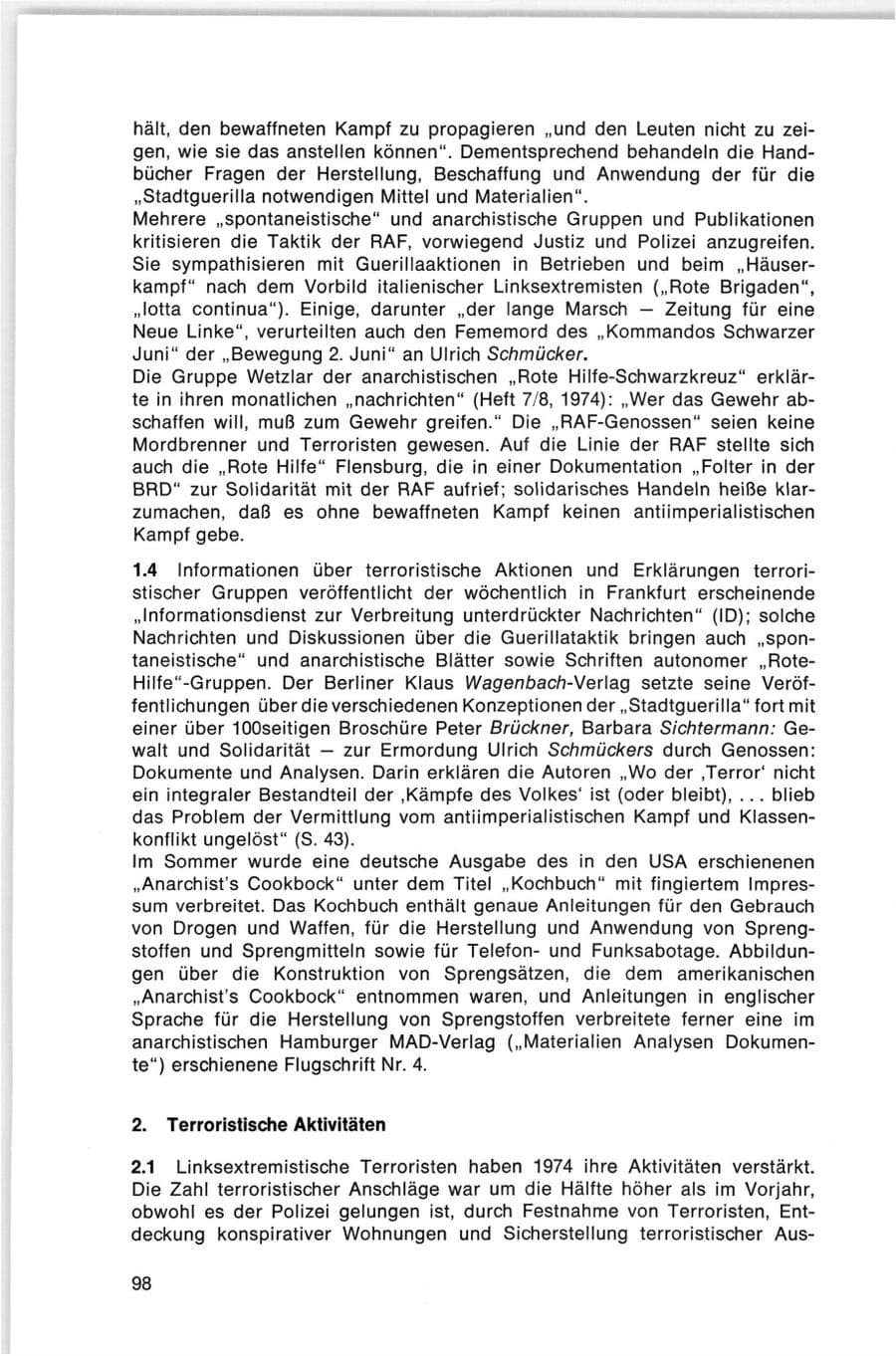 Seite 98 des Verfassungsschutzbericht 1974 Bund