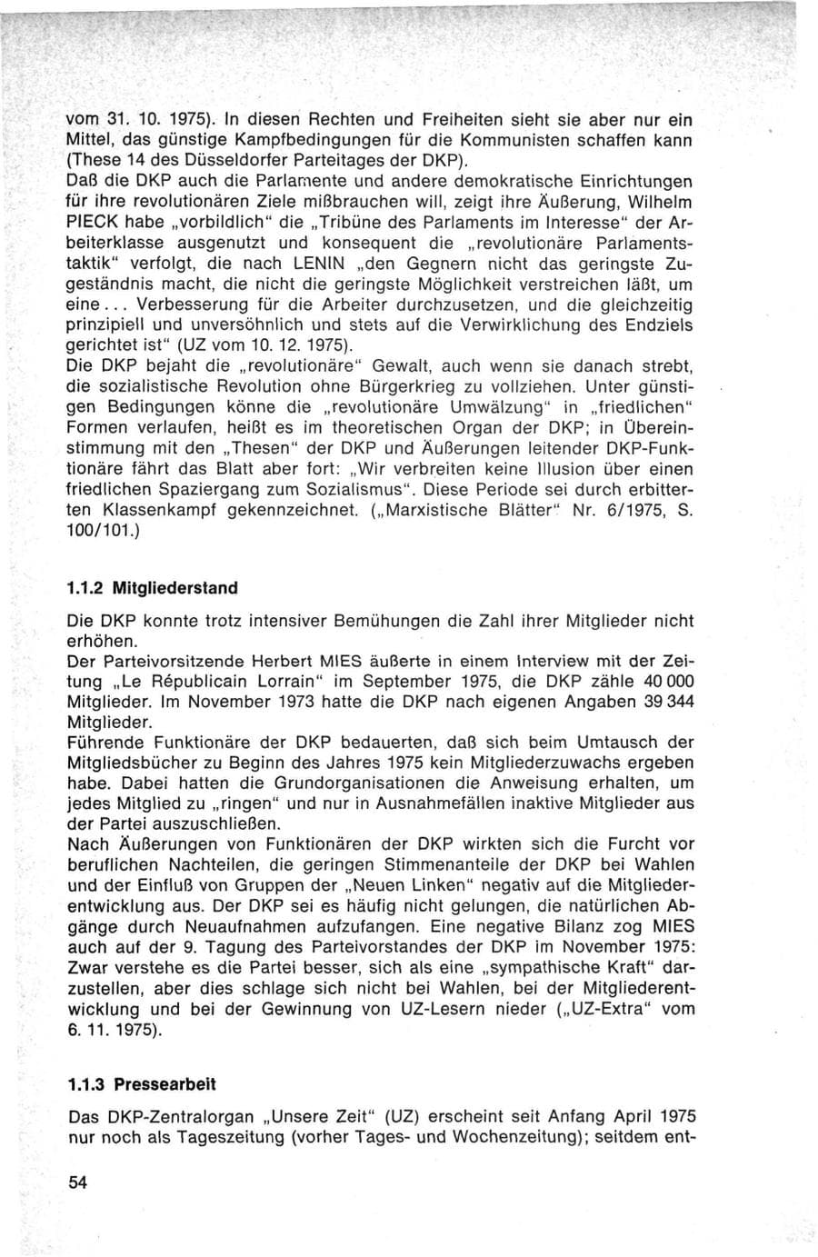 Seite 54 des Verfassungsschutzbericht 1975 Bund