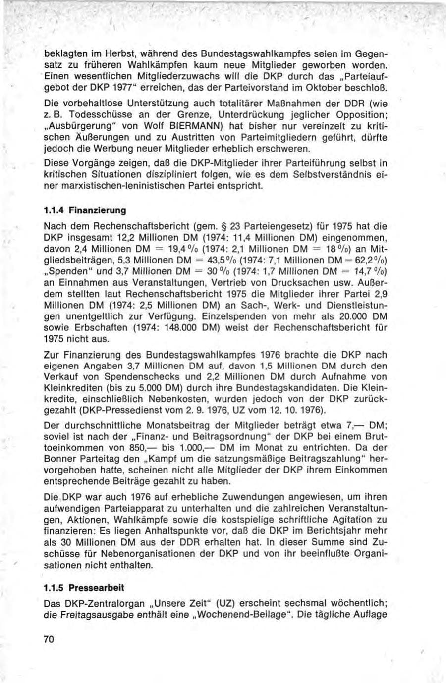 Seite 70 des Verfassungsschutzbericht 1976 Bund