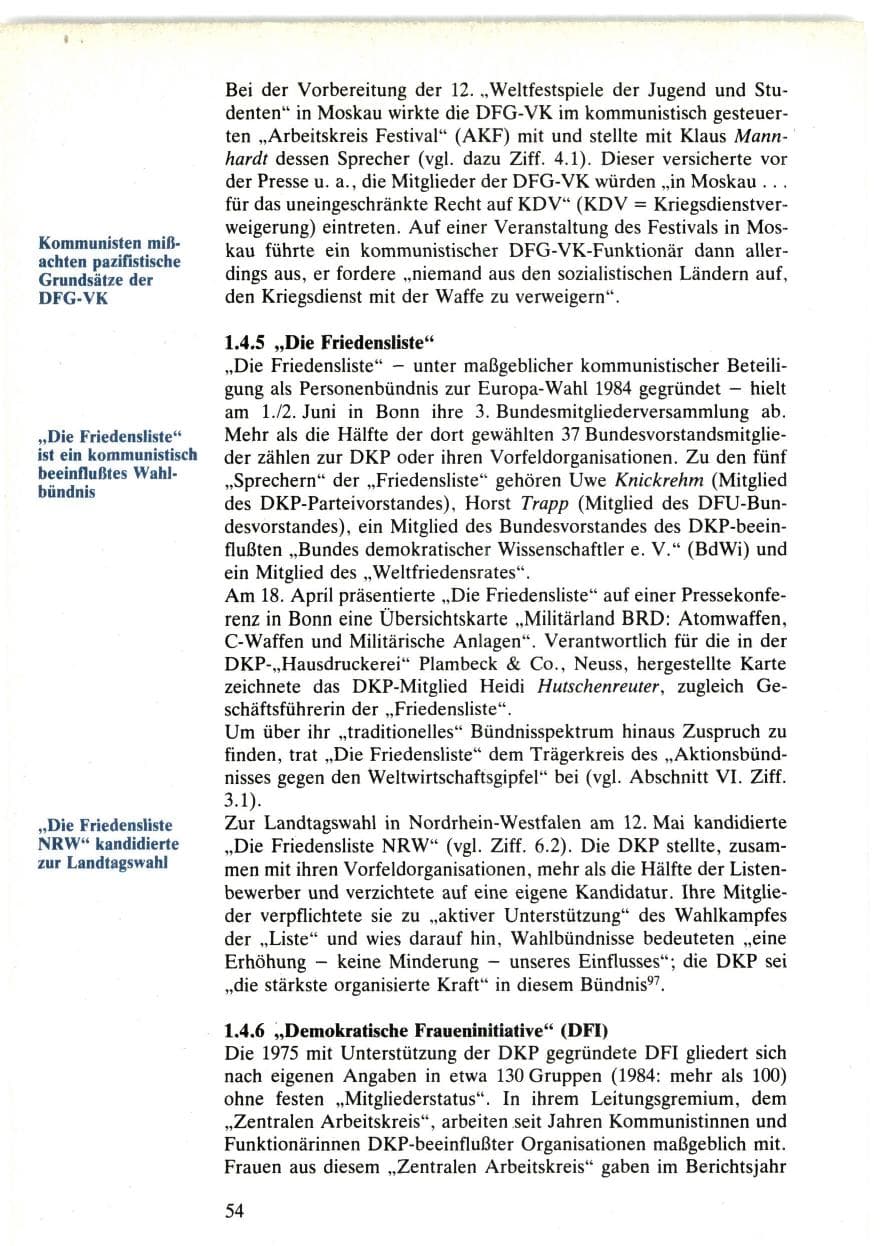 Seite 54 des Verfassungsschutzbericht 1985 Bund