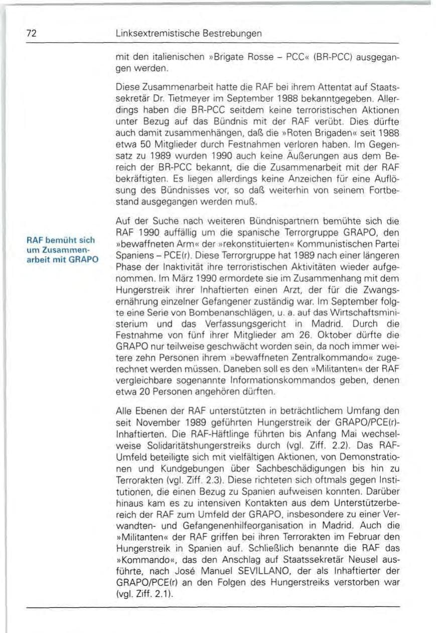 Seite 72 des Verfassungsschutzbericht 1990 Bund