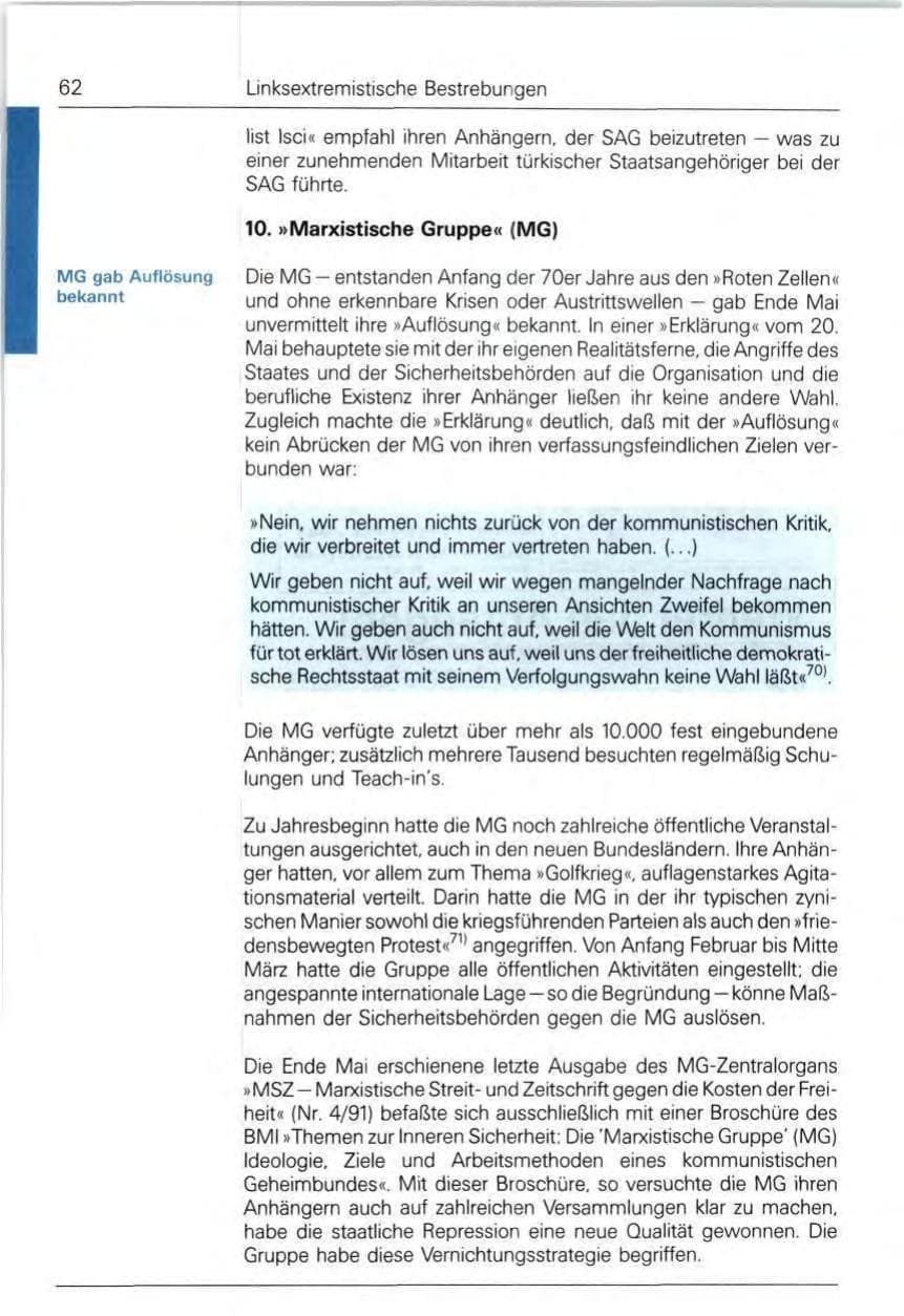 Seite 62 des Verfassungsschutzbericht 1991 Bund