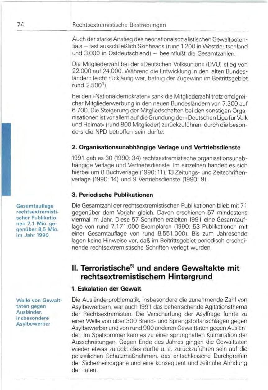 Seite 74 des Verfassungsschutzbericht 1991 Bund