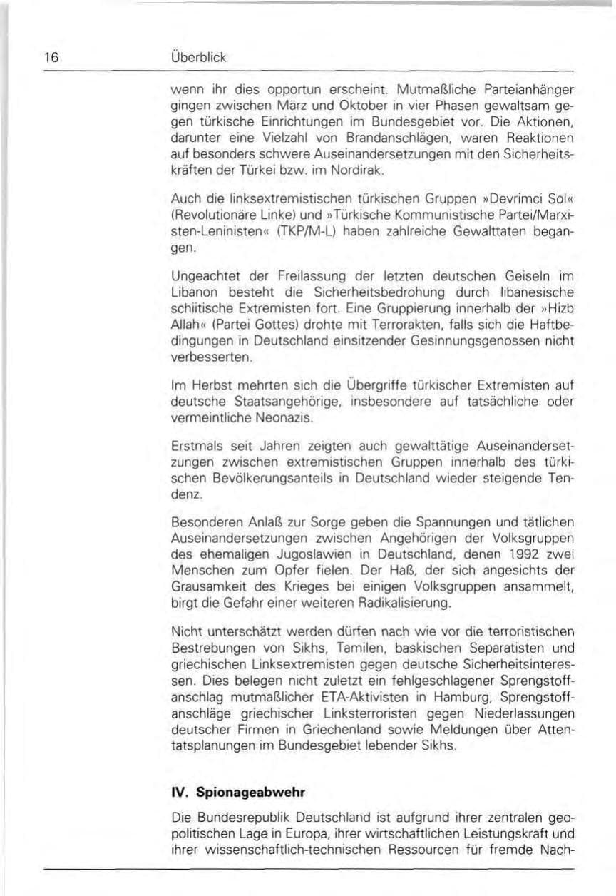Seite 16 des Verfassungsschutzbericht 1992 Bund