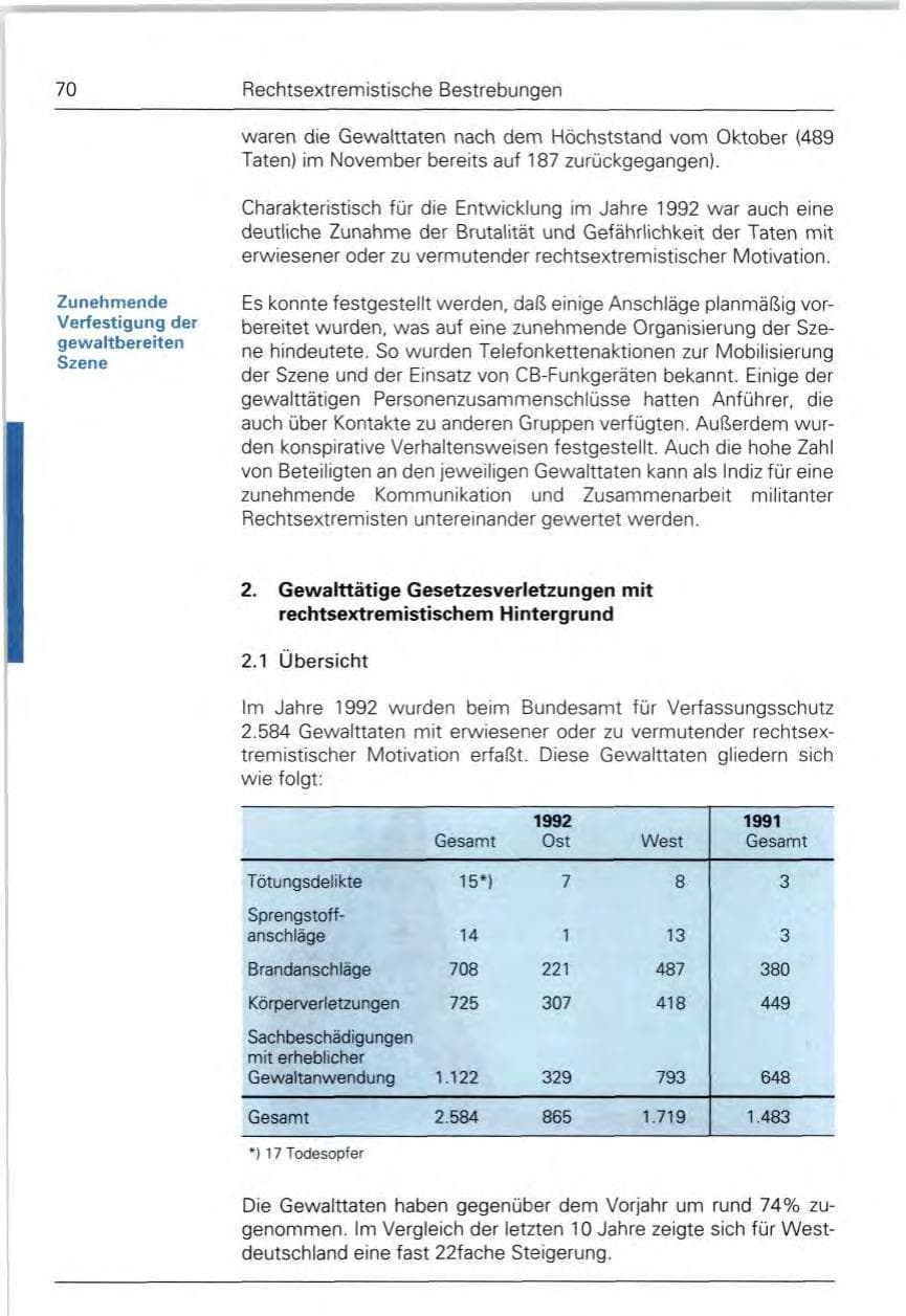 Seite 70 des Verfassungsschutzbericht 1992 Bund