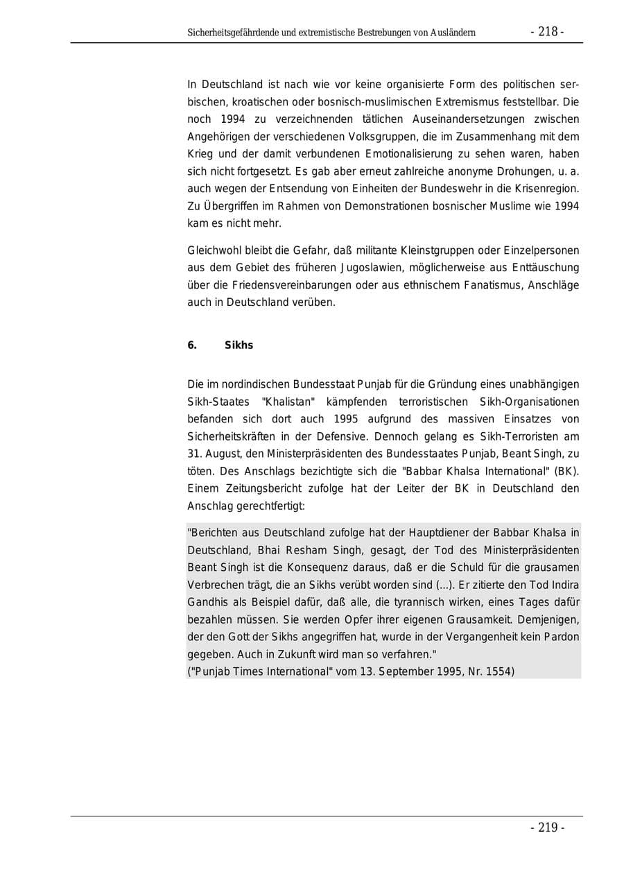 Seite 218 des Verfassungsschutzbericht 1995 Bund