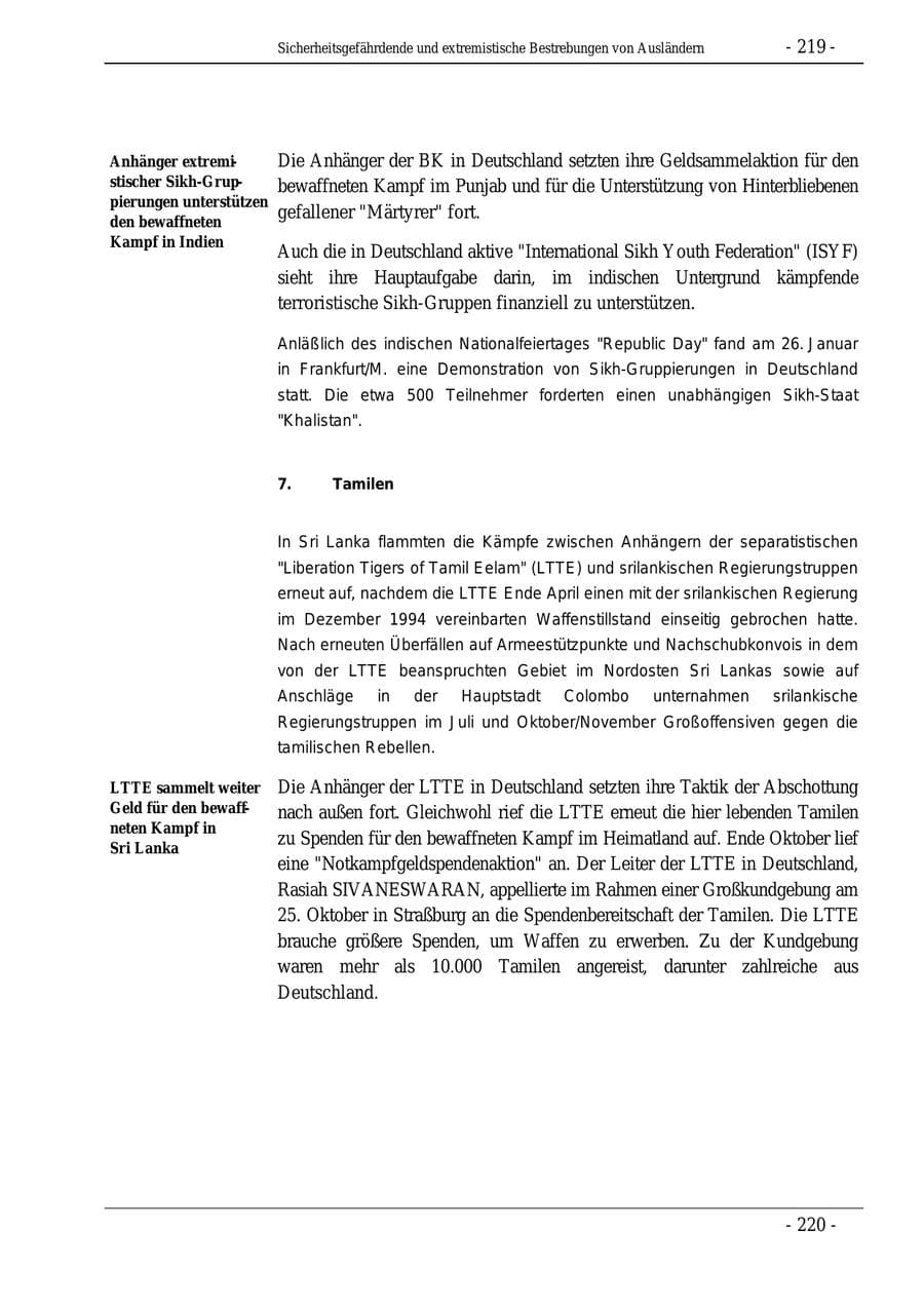 Seite 219 des Verfassungsschutzbericht 1995 Bund