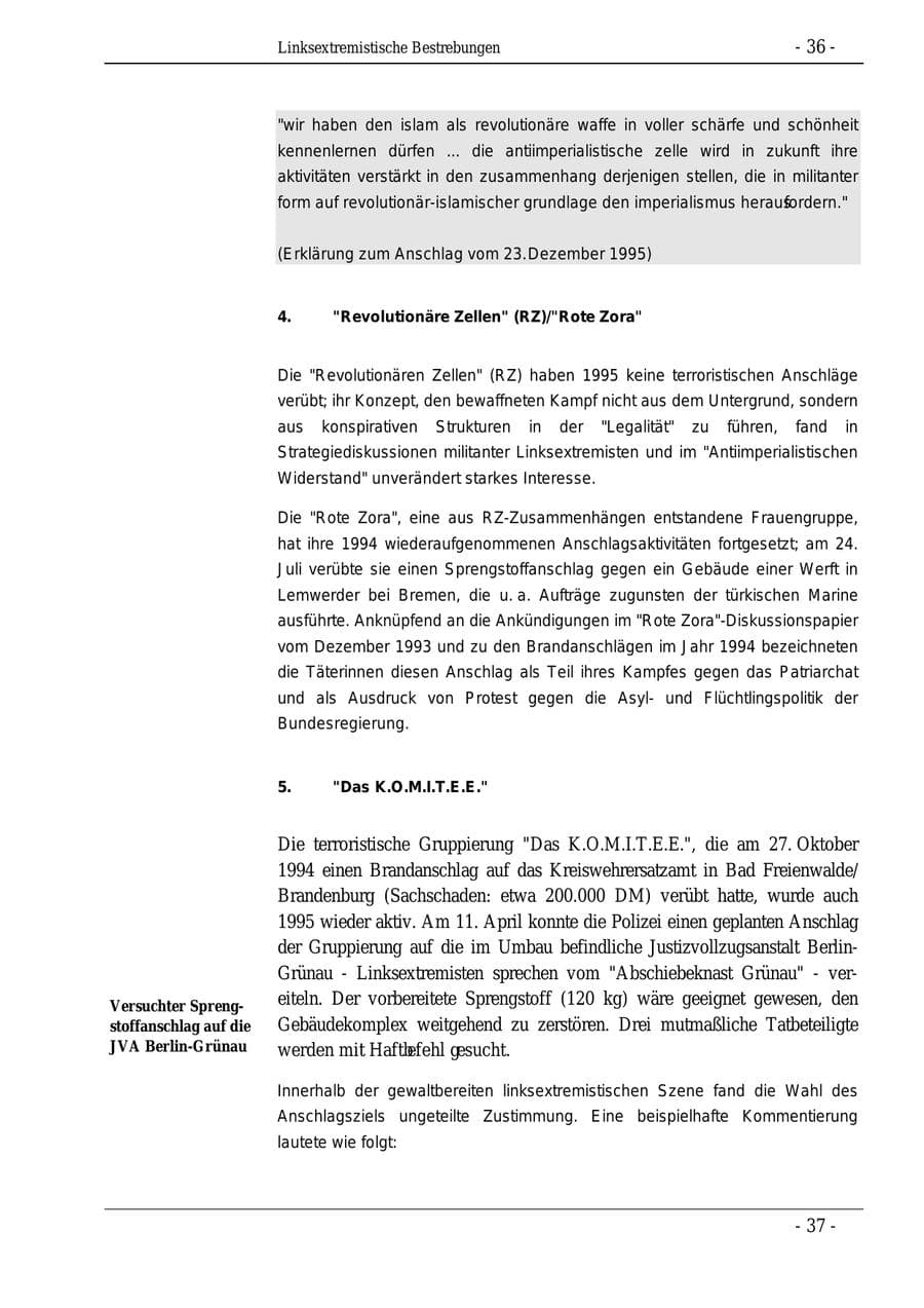 Seite 36 des Verfassungsschutzbericht 1995 Bund