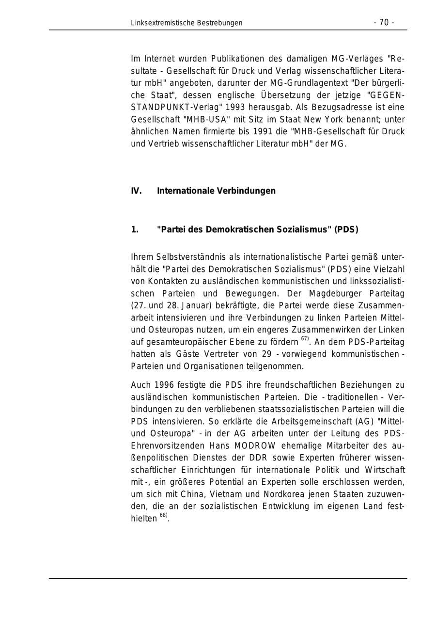 Seite 70 des Verfassungsschutzbericht 1996 Bund