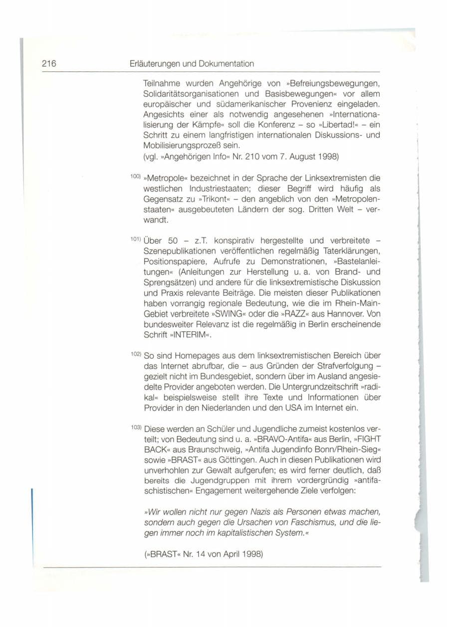 Seite 217 des Verfassungsschutzbericht 1998 Bund