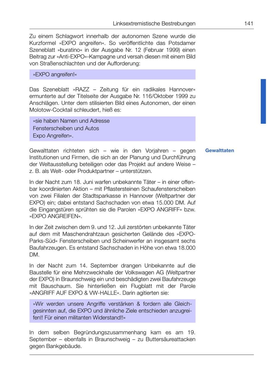 Seite 142 des Verfassungsschutzbericht 1999 Bund