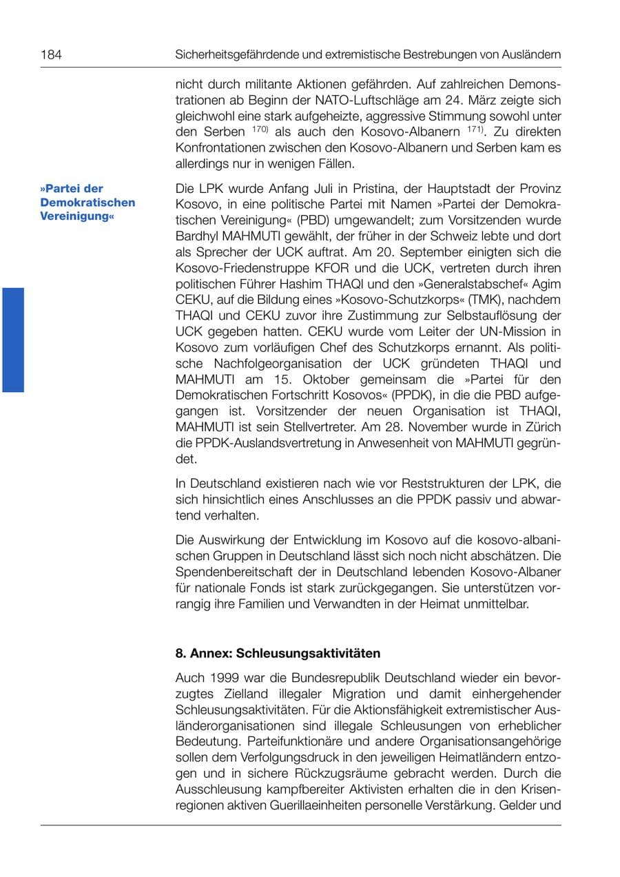 Seite 185 des Verfassungsschutzbericht 1999 Bund