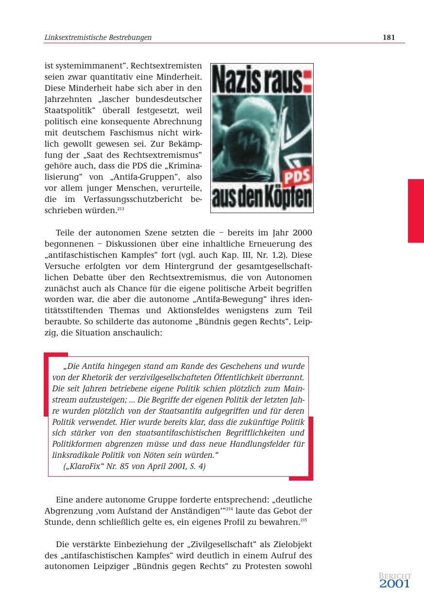 Seite 182 des Verfassungsschutzbericht 2001 Bund