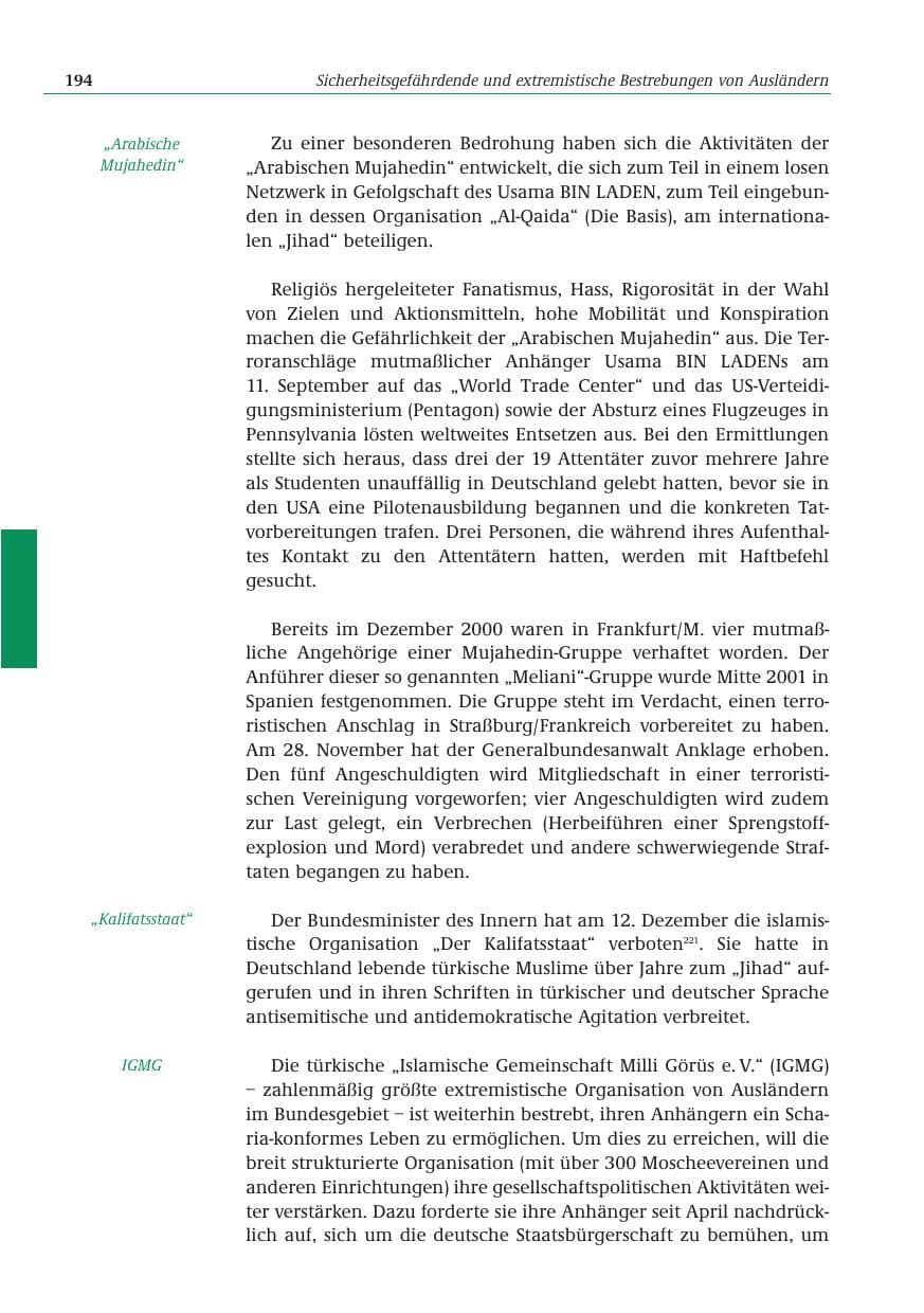 Seite 195 des Verfassungsschutzbericht 2001 Bund