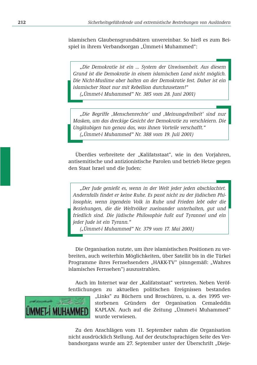 Seite 213 des Verfassungsschutzbericht 2001 Bund