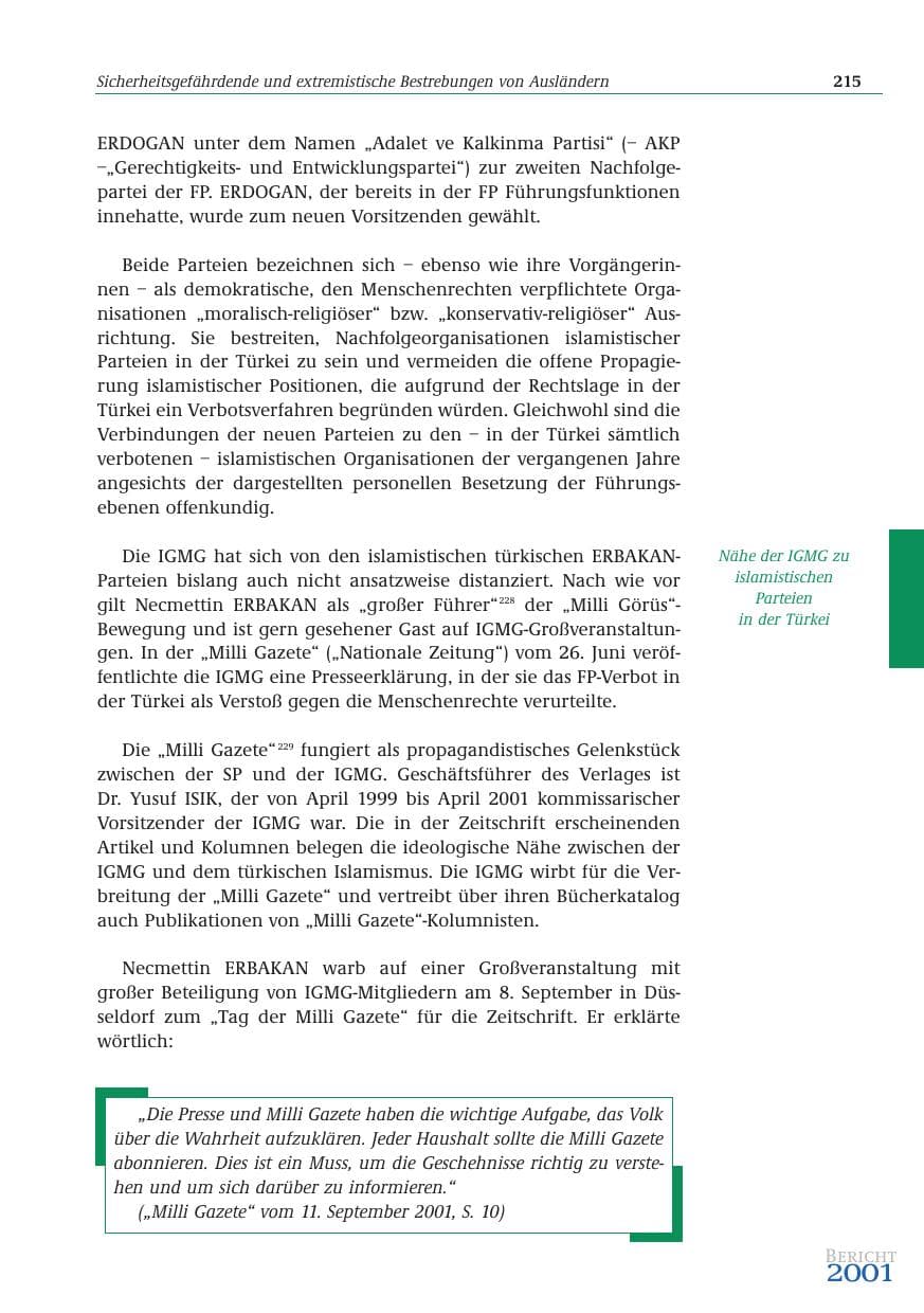 Seite 216 des Verfassungsschutzbericht 2001 Bund