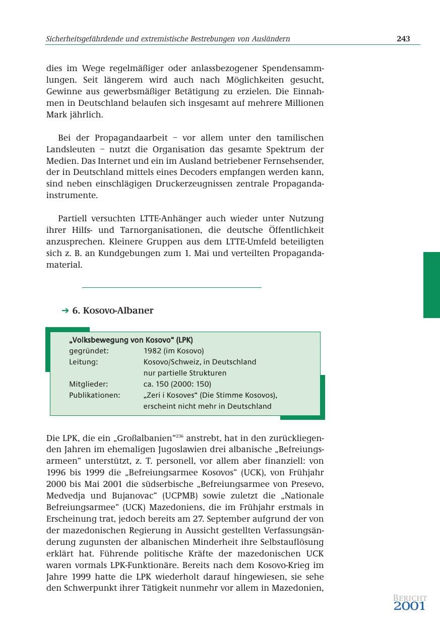 Seite 244 des Verfassungsschutzbericht 2001 Bund