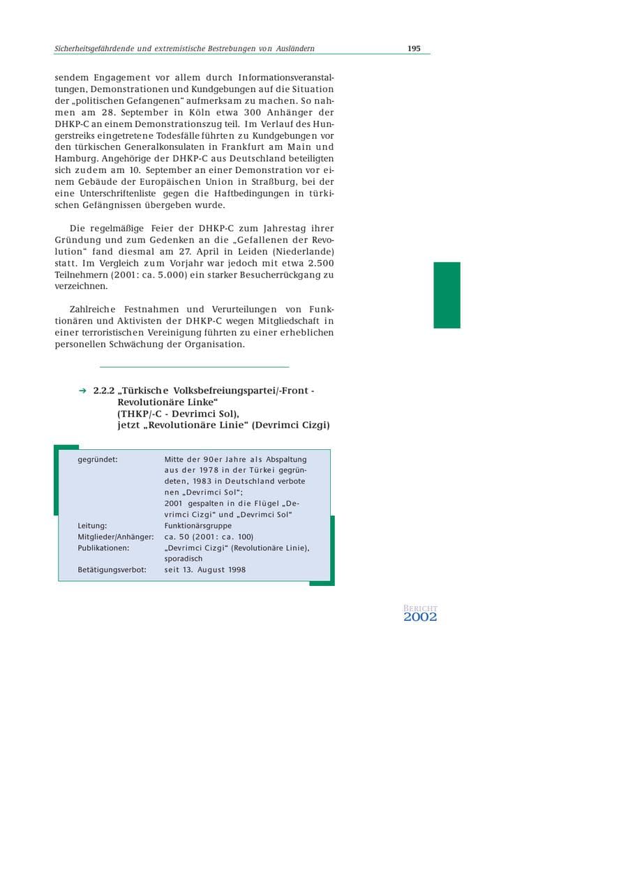 Seite 196 des Verfassungsschutzbericht 2002 Bund