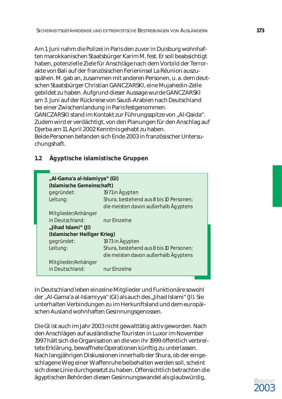 Seite 174 des Verfassungsschutzbericht 2003 Bund