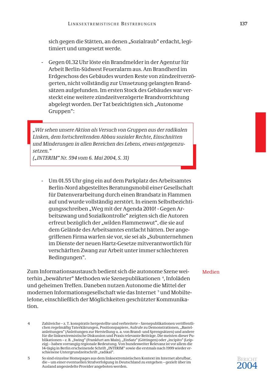 Seite 139 des Verfassungsschutzbericht 2004 Bund