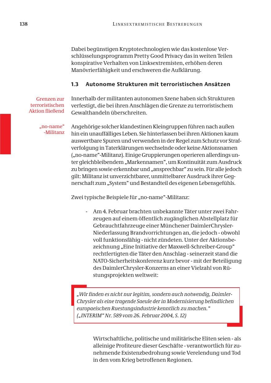 Seite 140 des Verfassungsschutzbericht 2004 Bund