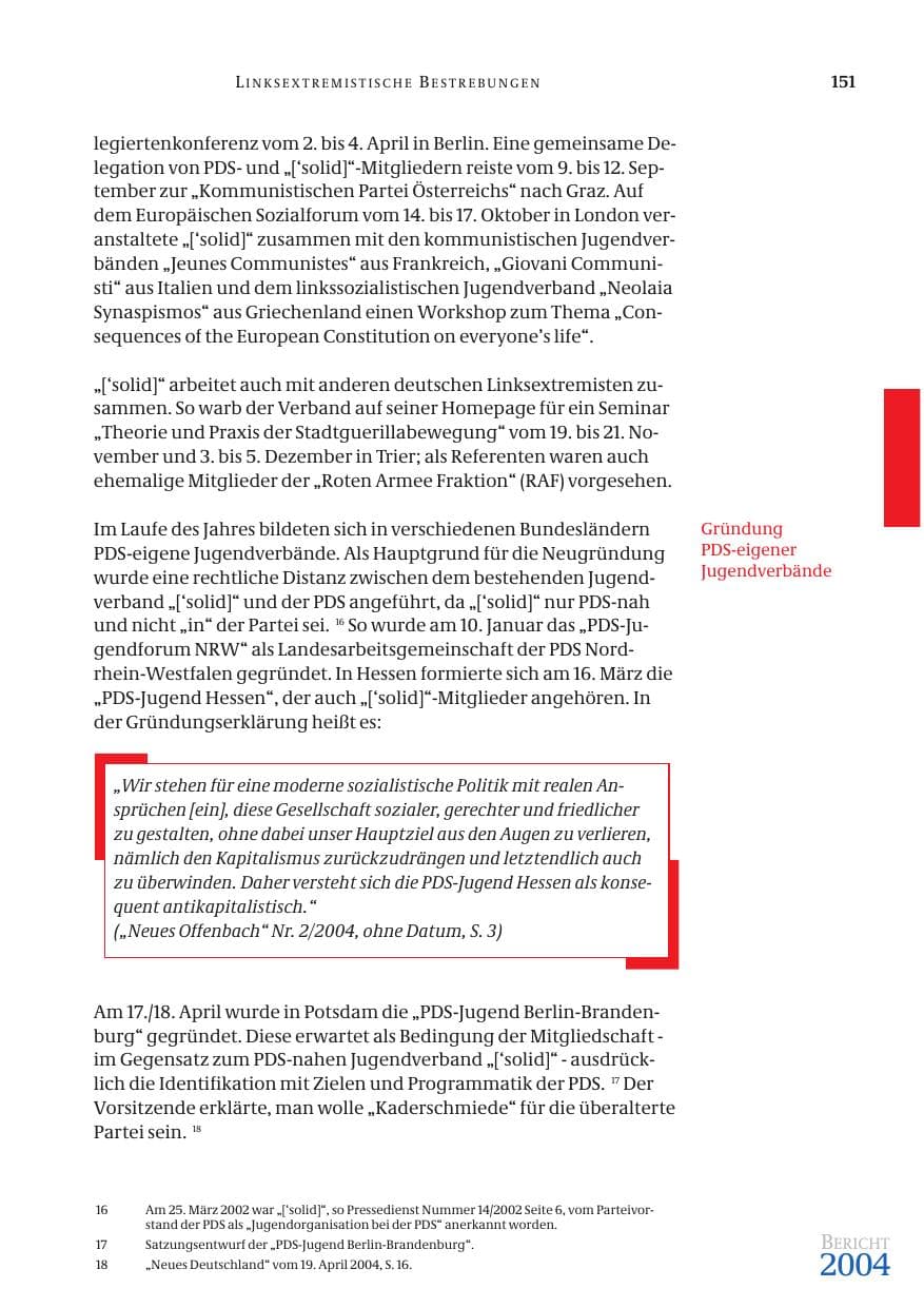 Seite 153 des Verfassungsschutzbericht 2004 Bund
