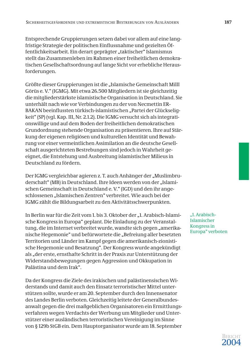 Seite 189 des Verfassungsschutzbericht 2004 Bund