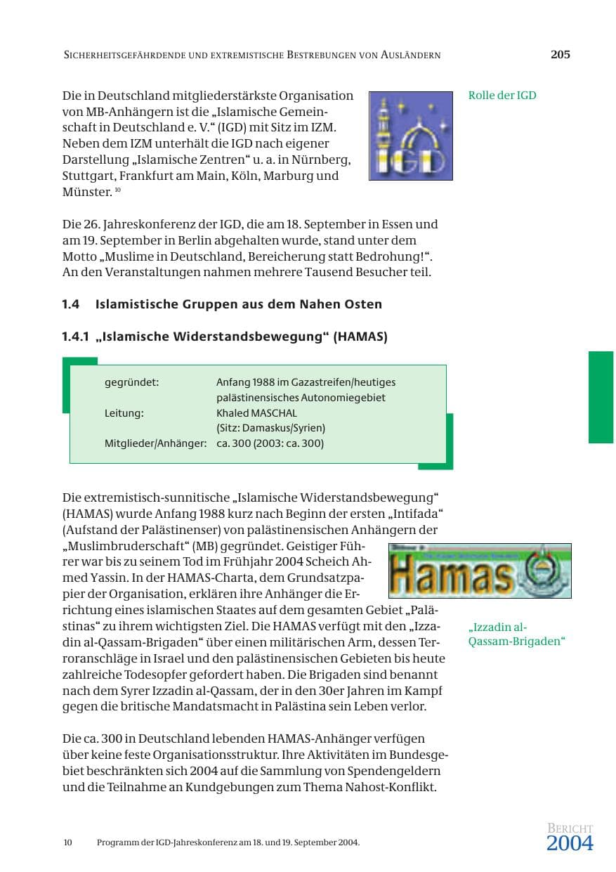 Seite 207 des Verfassungsschutzbericht 2004 Bund