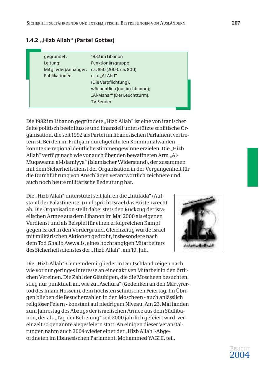 Seite 209 des Verfassungsschutzbericht 2004 Bund
