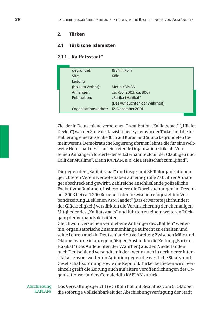 Seite 212 des Verfassungsschutzbericht 2004 Bund