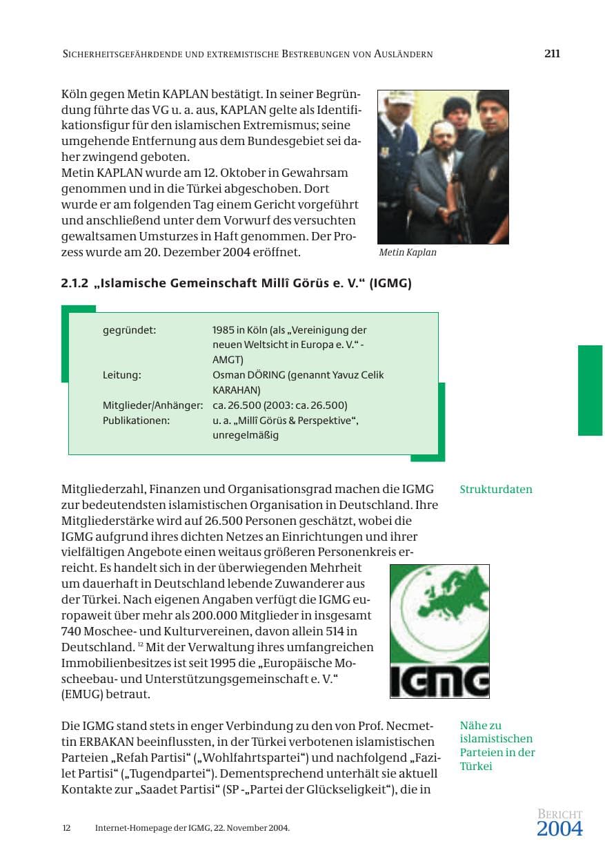 Seite 213 des Verfassungsschutzbericht 2004 Bund