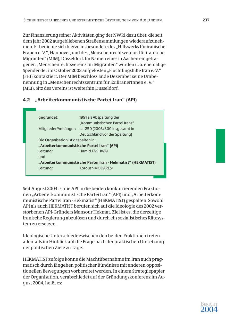 Seite 239 des Verfassungsschutzbericht 2004 Bund
