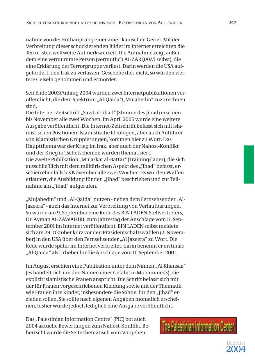 Seite 249 des Verfassungsschutzbericht 2004 Bund