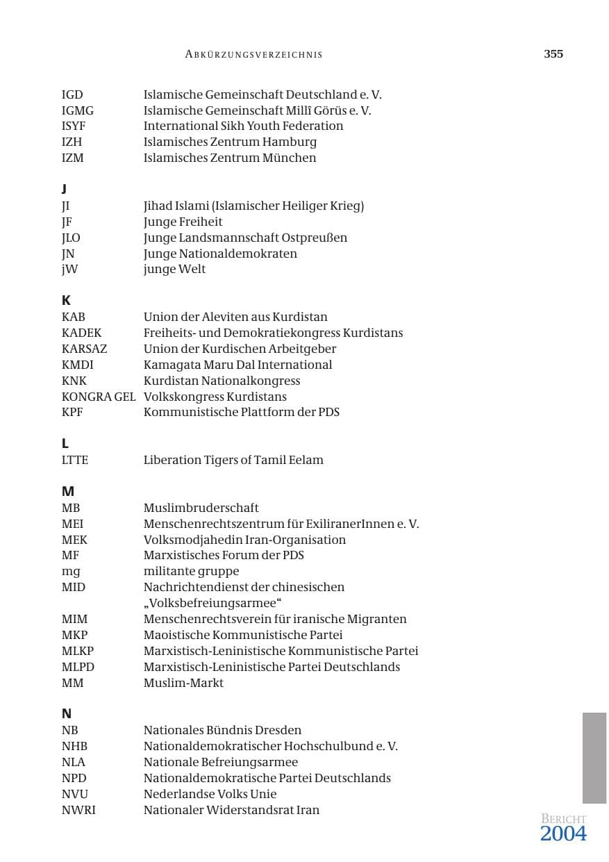 Seite 357 des Verfassungsschutzbericht 2004 Bund