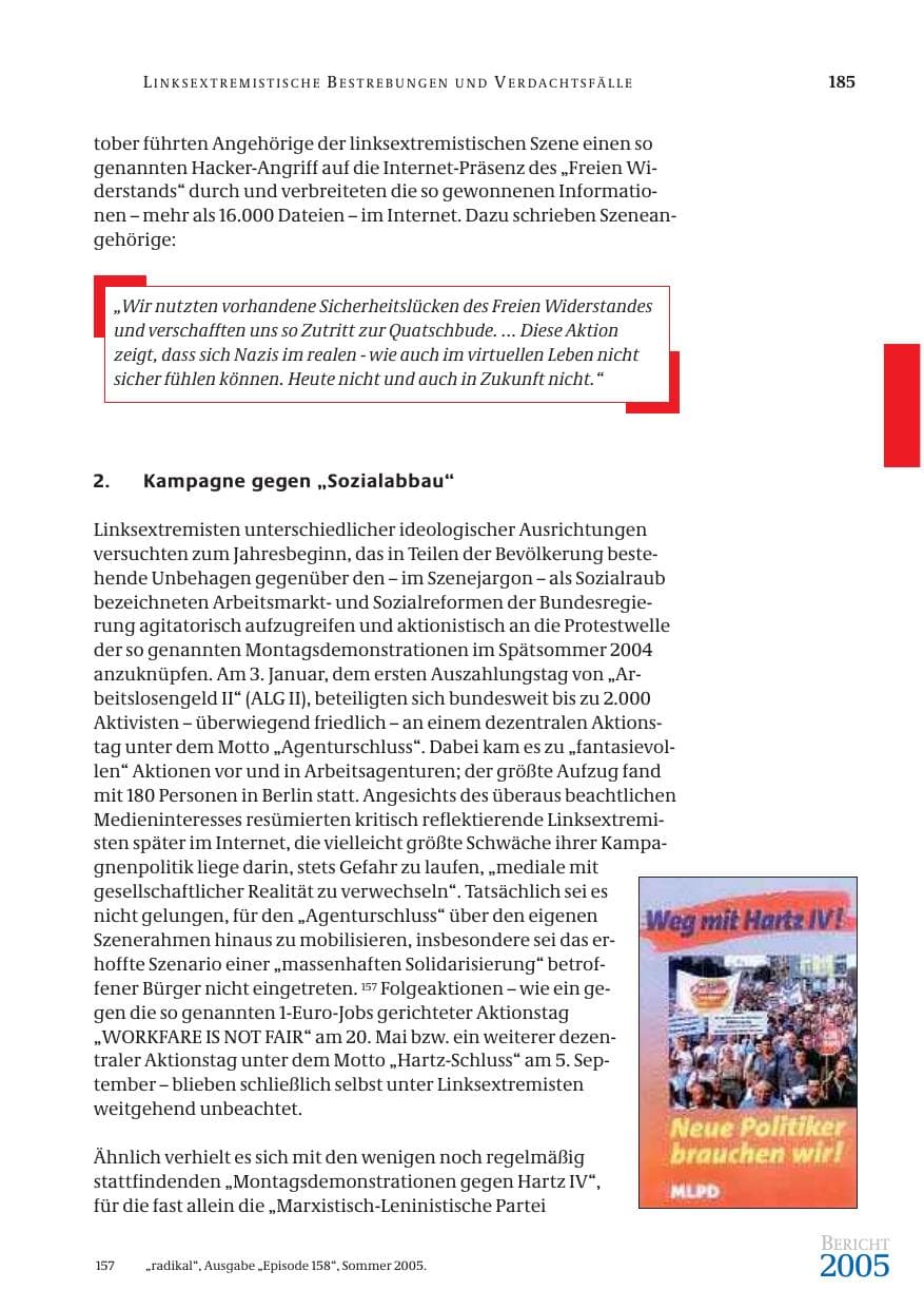 Seite 186 des Verfassungsschutzbericht 2005 Bund