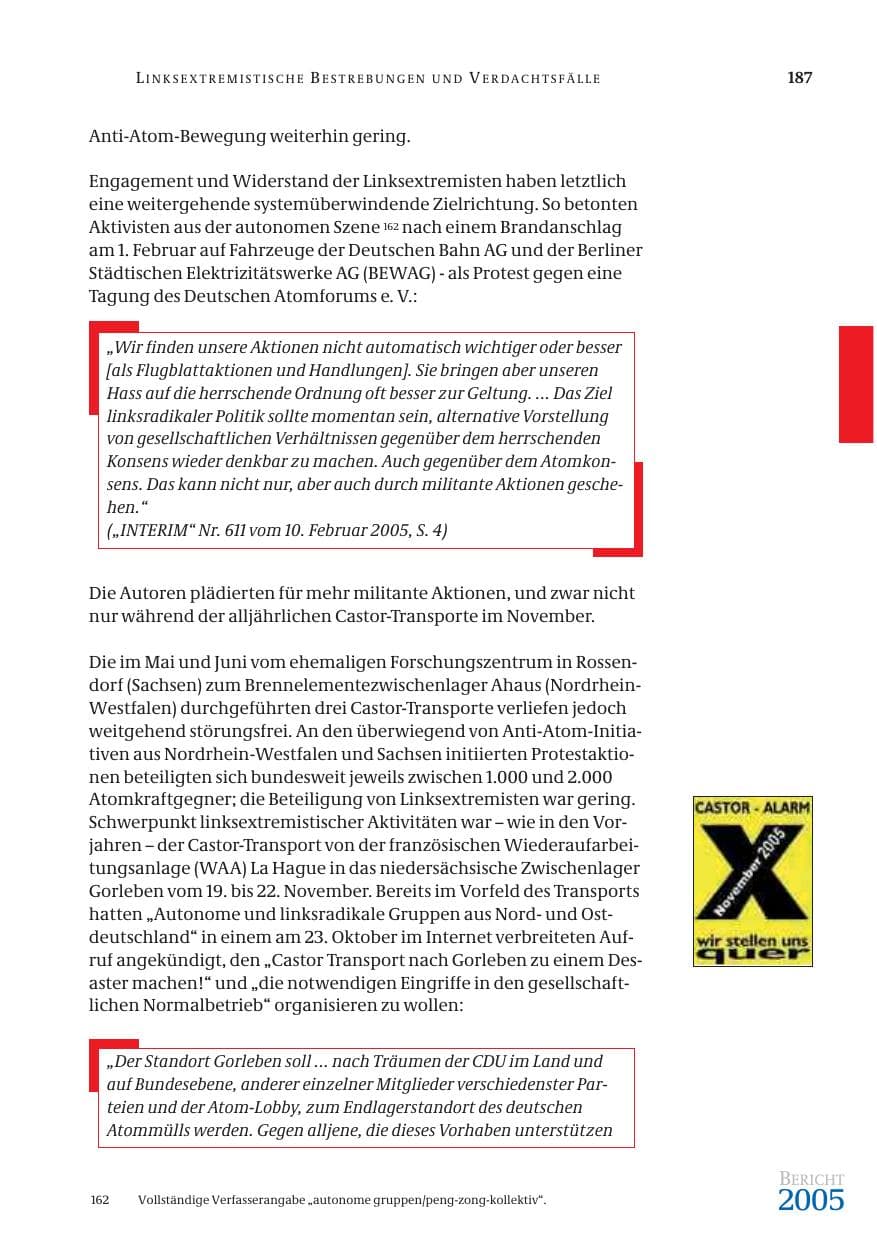 Seite 188 des Verfassungsschutzbericht 2005 Bund
