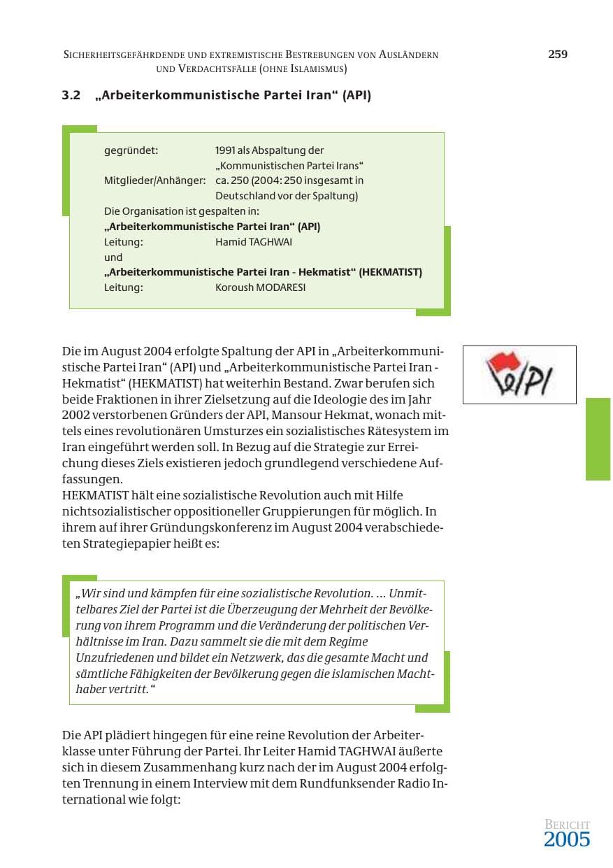 Seite 260 des Verfassungsschutzbericht 2005 Bund