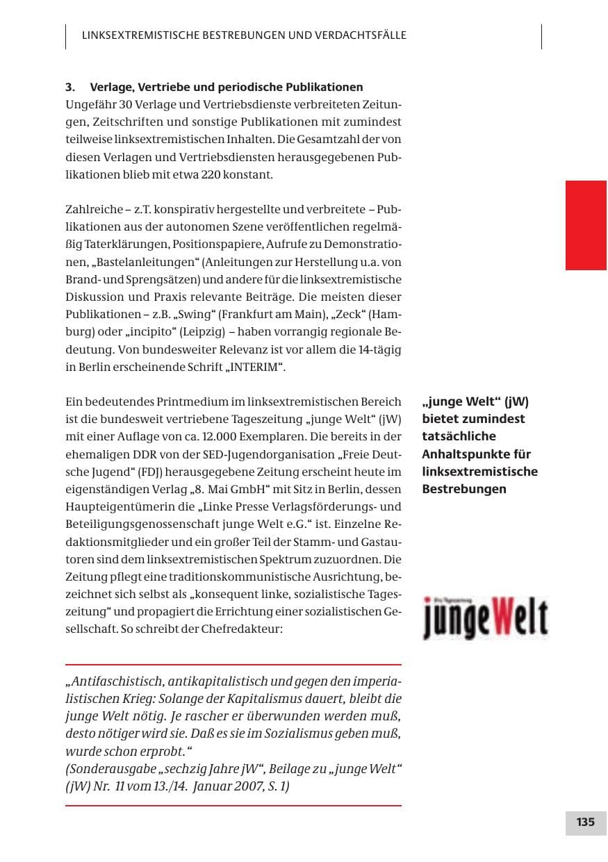 Seite 135 des Verfassungsschutzbericht 2007 Bund