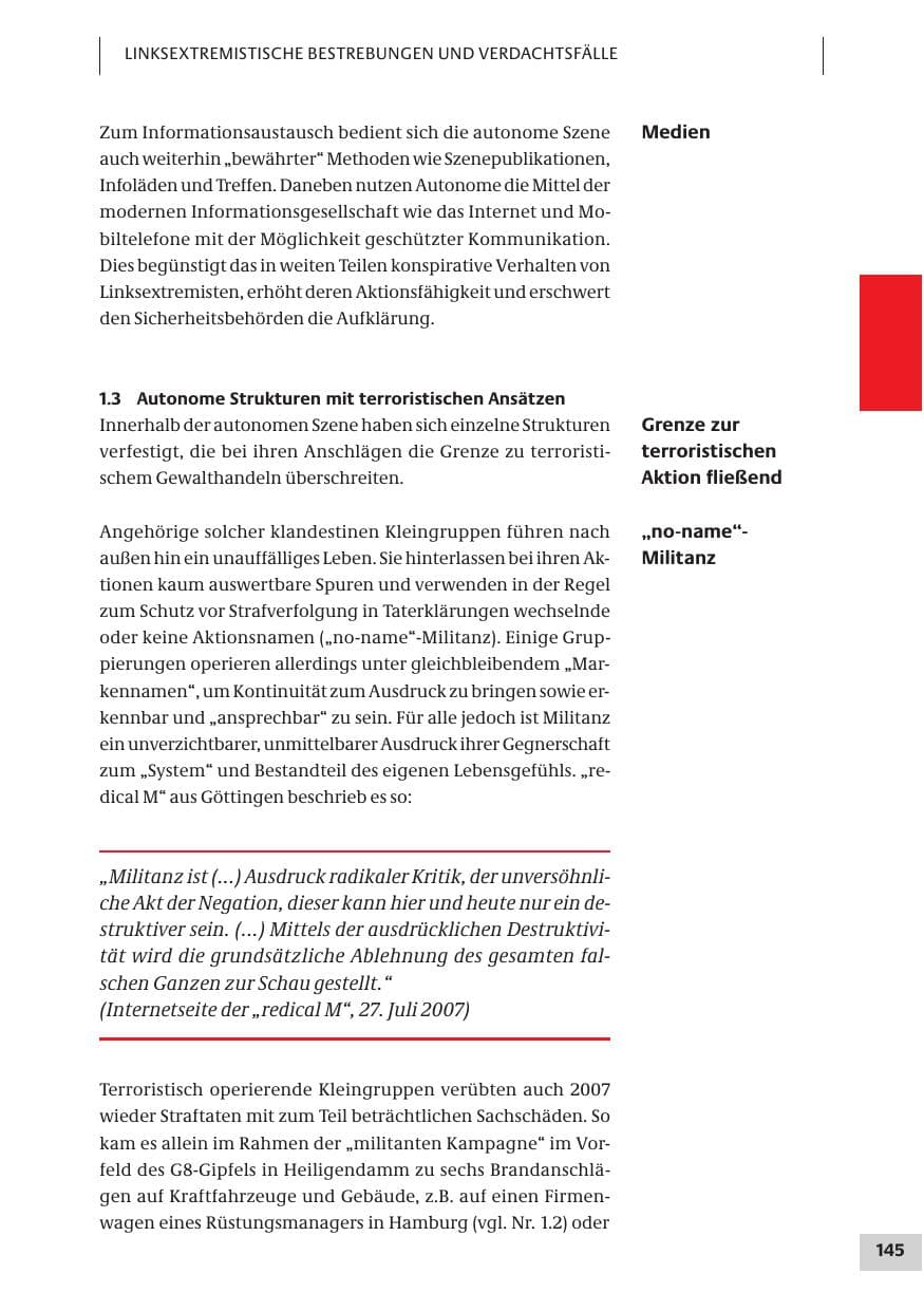 Seite 145 des Verfassungsschutzbericht 2007 Bund