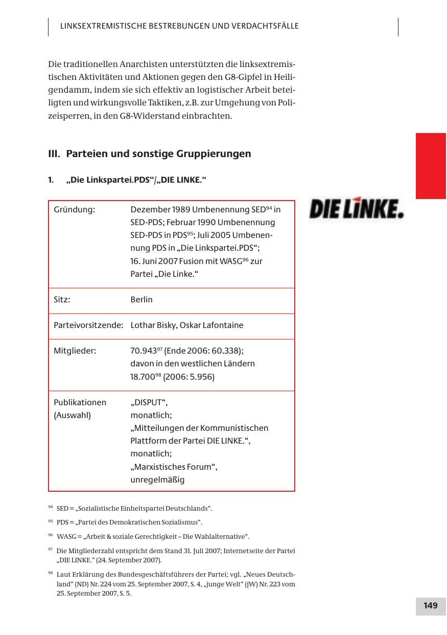 Seite 149 des Verfassungsschutzbericht 2007 Bund
