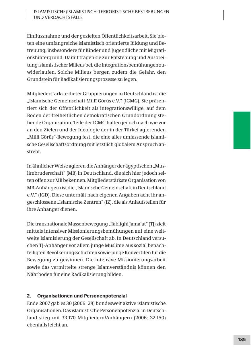 Seite 185 des Verfassungsschutzbericht 2007 Bund