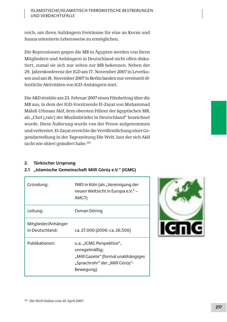 Seite 217 des Verfassungsschutzbericht 2007 Bund