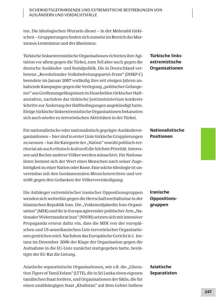 Seite 247 des Verfassungsschutzbericht 2007 Bund