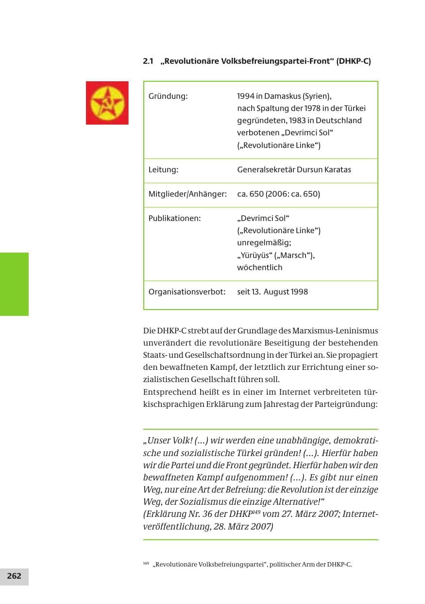 Seite 262 des Verfassungsschutzbericht 2007 Bund