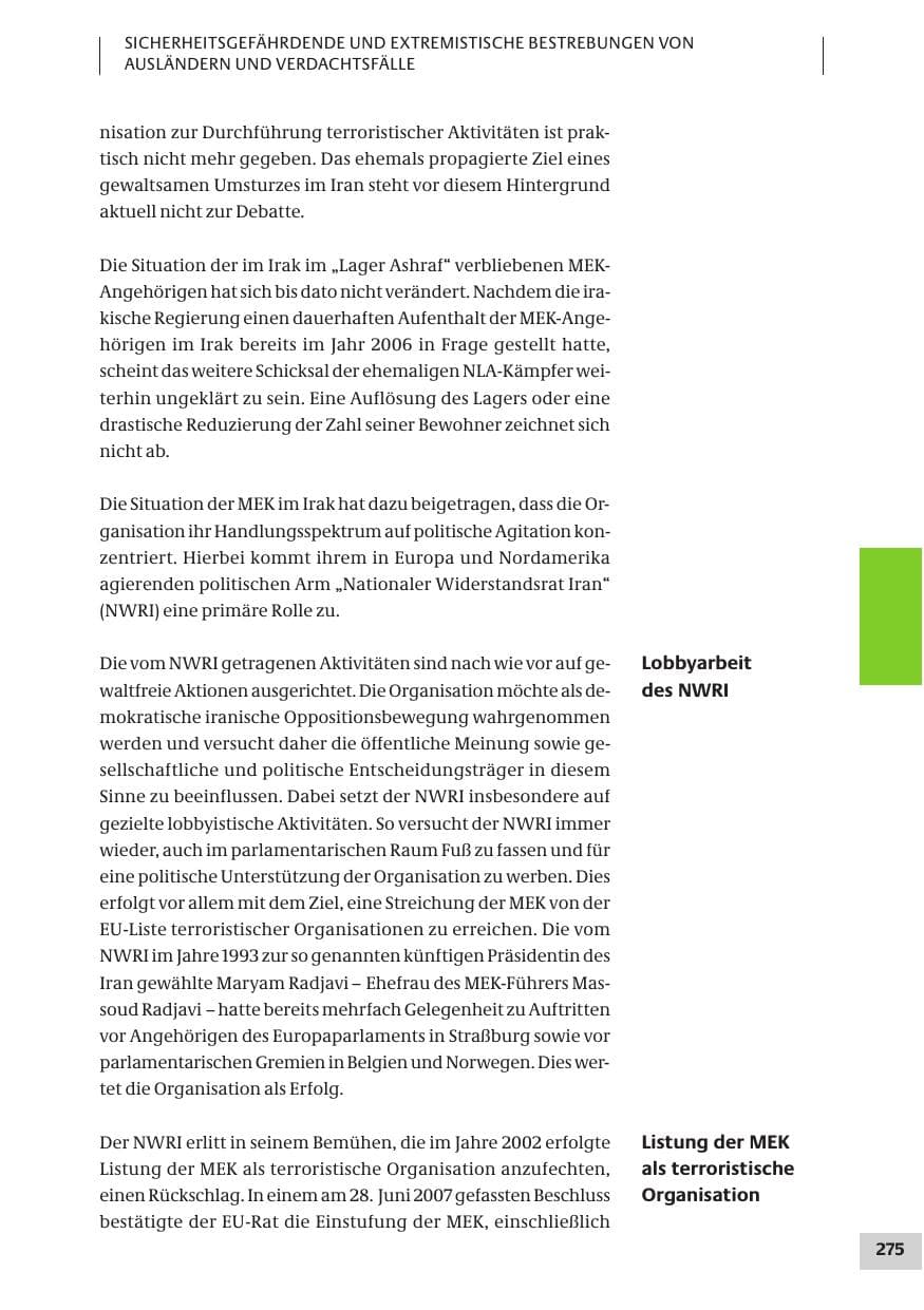 Seite 275 des Verfassungsschutzbericht 2007 Bund