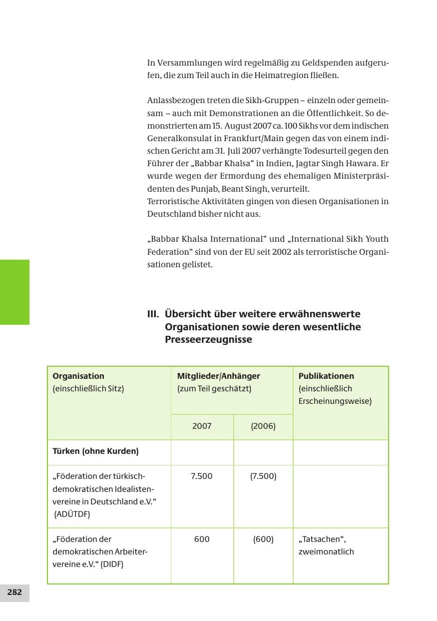 Seite 282 des Verfassungsschutzbericht 2007 Bund