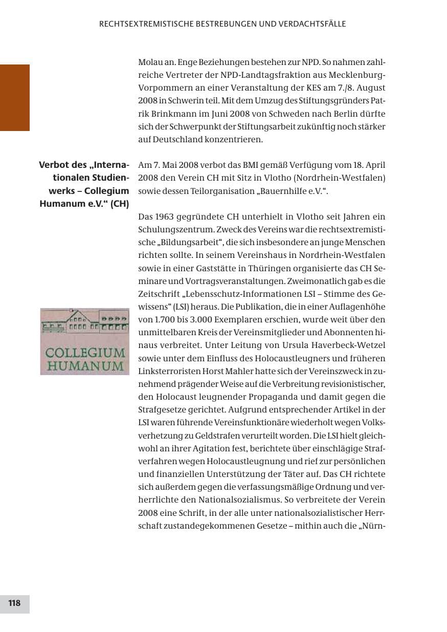 Seite 118 des Verfassungsschutzbericht 2008 Bund