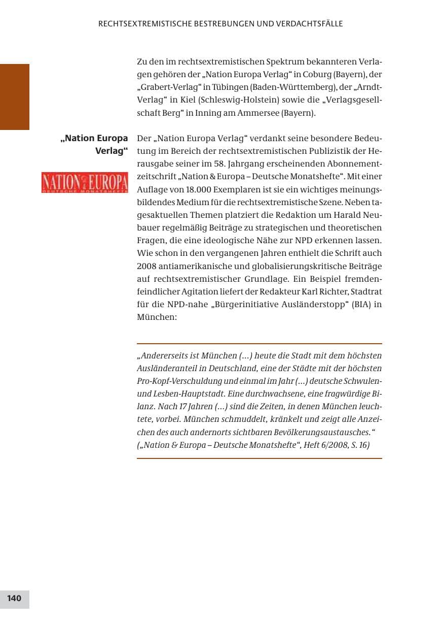 Seite 140 des Verfassungsschutzbericht 2008 Bund