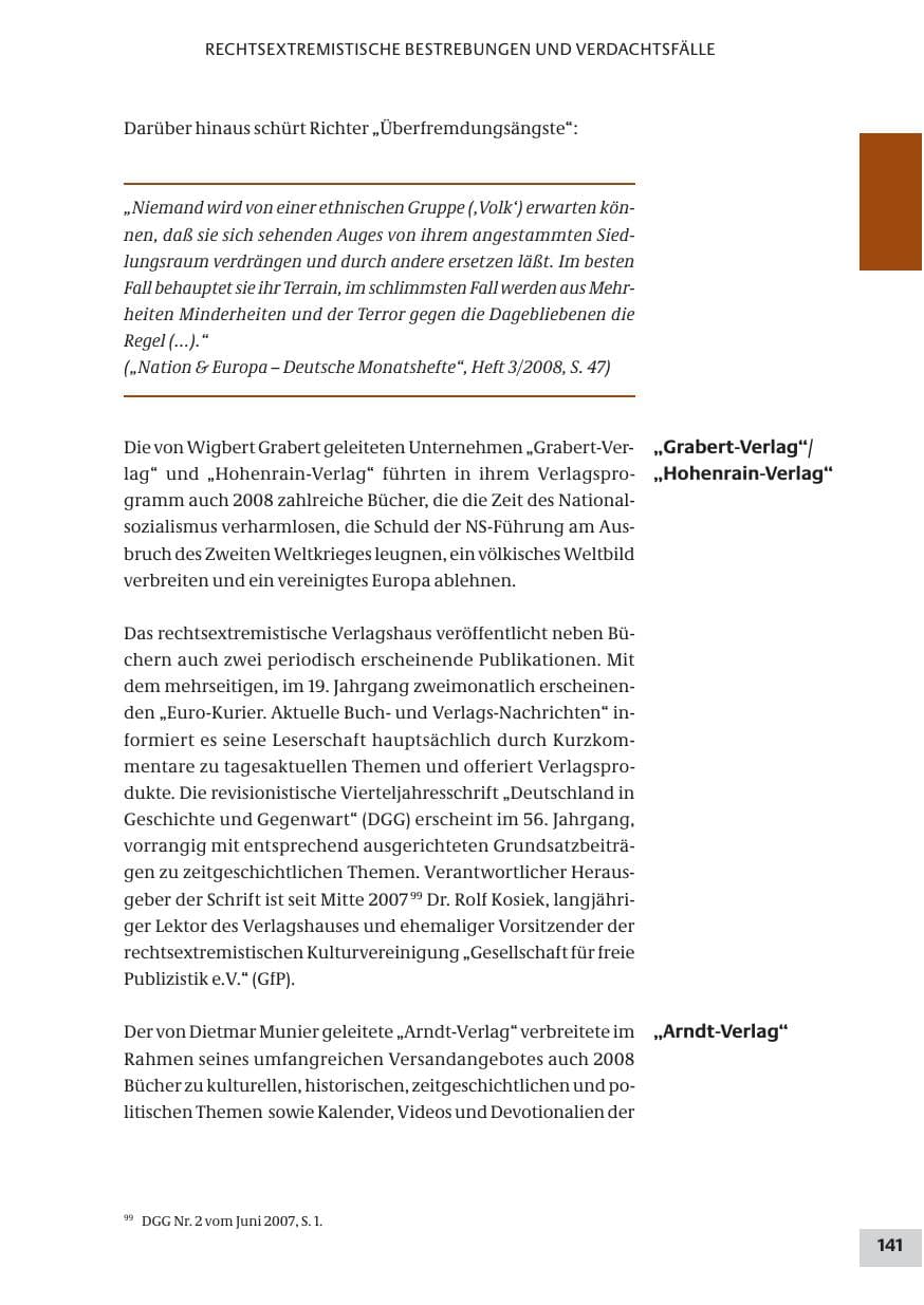 Seite 141 des Verfassungsschutzbericht 2008 Bund